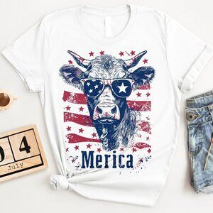 Cow Shirt Funny Highland Cow T Shirt 4th Of July Stars American Flag Graphic Tee
